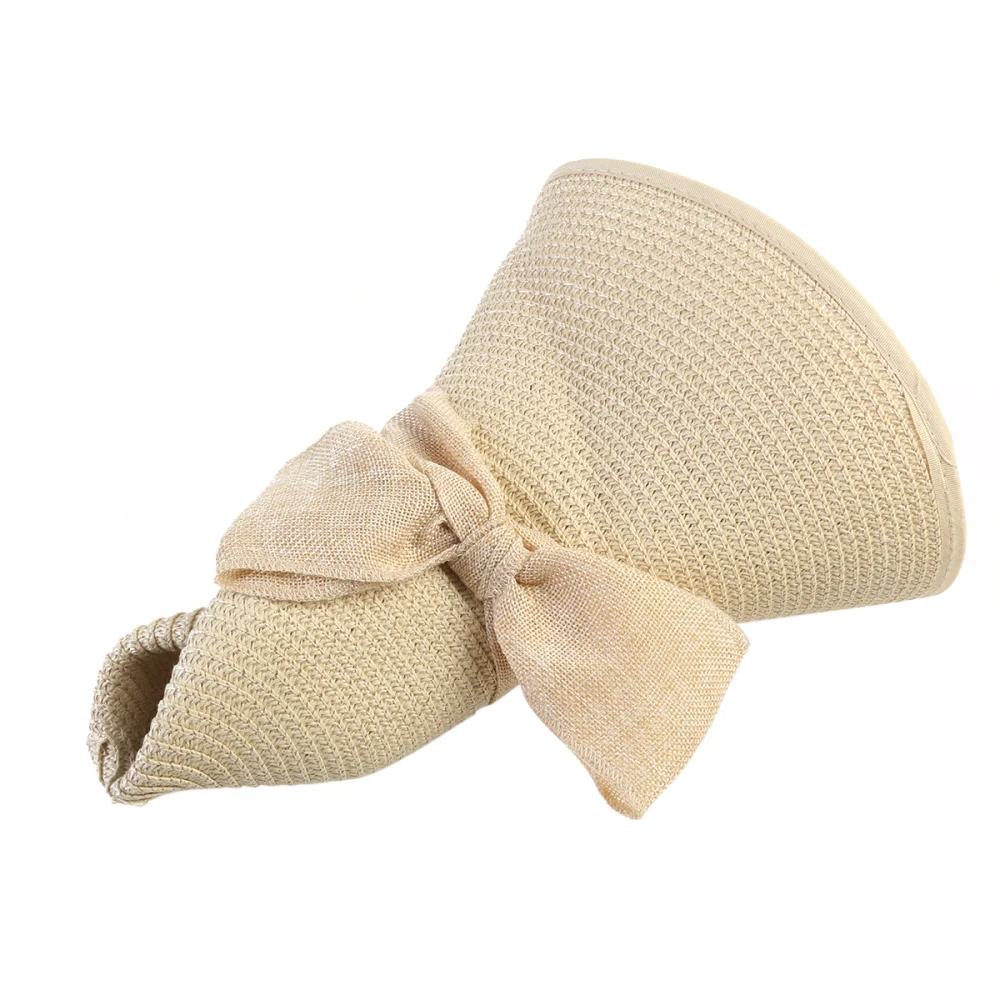 

Women's Wide Larege Brim Caps Summer Floppy Beach Straw Hats Bowknot Caps Beige