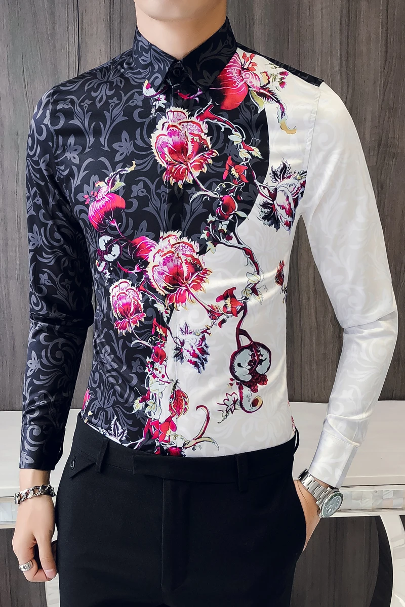 Рубашка с принтом роз весна 2020 мужская приталенная элегантная рубашка длинным