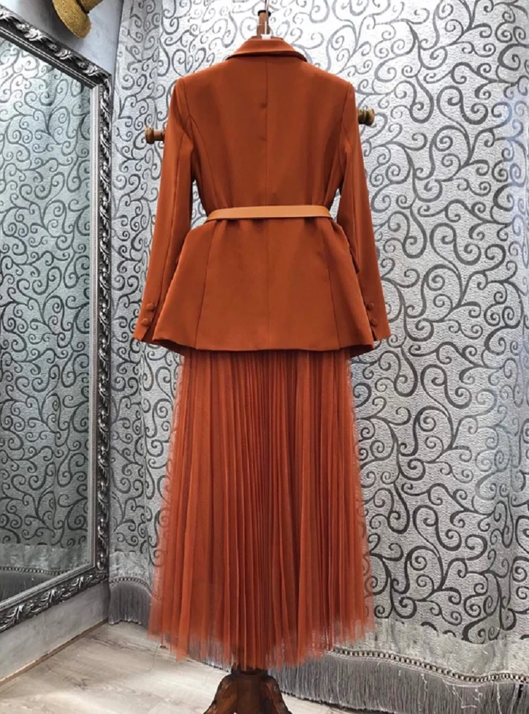 Top Quality Women's Set 2020 Aututumn Winter Business Suit Woman Belt Patchwork Brown Black Blazer Coats+Mid-Calf Pleated Skirt