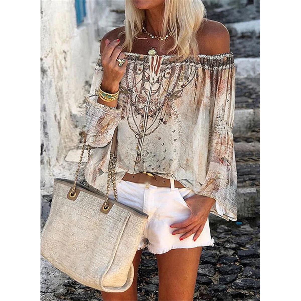 

Vintage Summer Women's Tops Floral Printing One-Shoulder Chest Bow Lace-Up Flare Sleeve Loose Blouse Shirt 2021