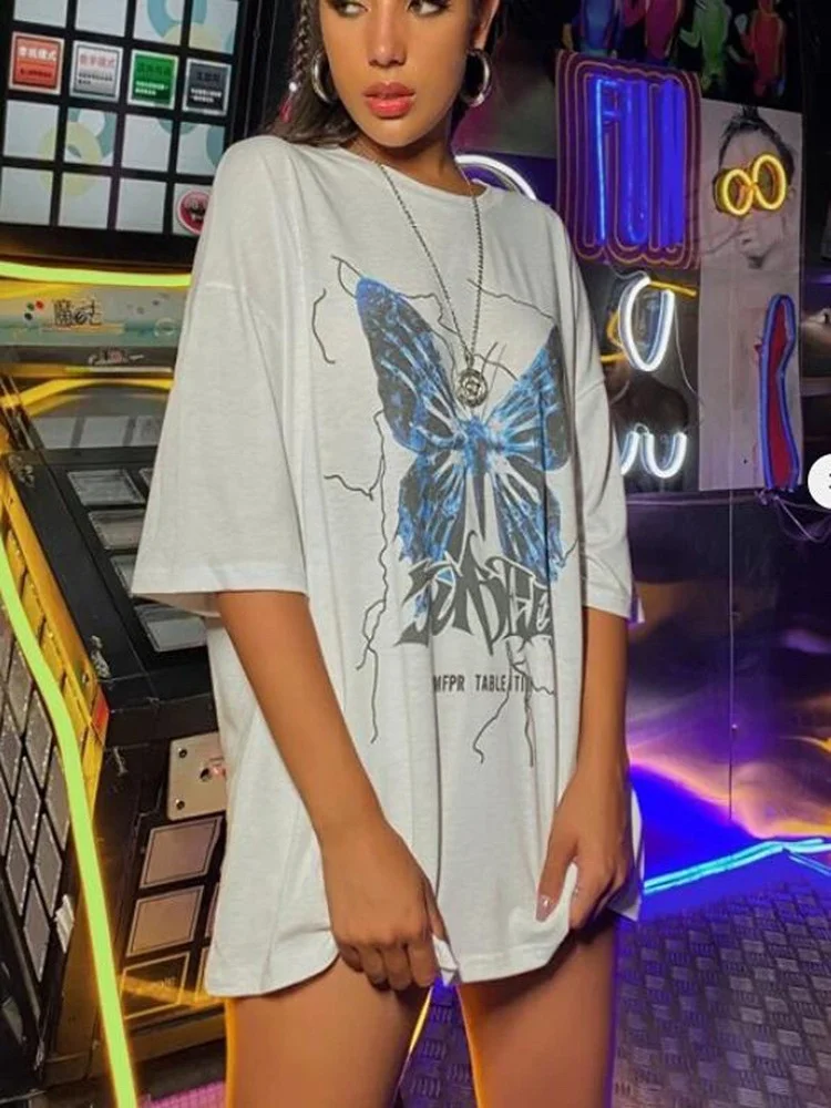

2021 Summer Women's T Shirts Short Sleeve Tee Letter and Butterfly Printed Round Neck Loose Pullover Top Shirts Female Chemise