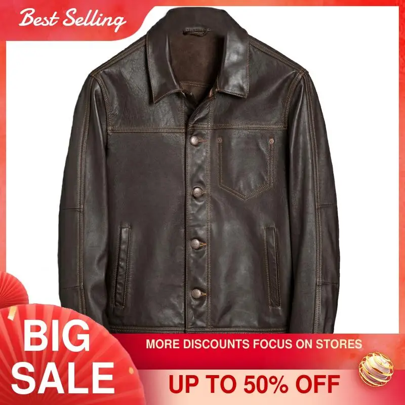

2021 Brown Men Casual Style Genuine Leather Jacket Large Size 3XL Real Natural Baby Cowhide Spring Slim Fit Short Coat