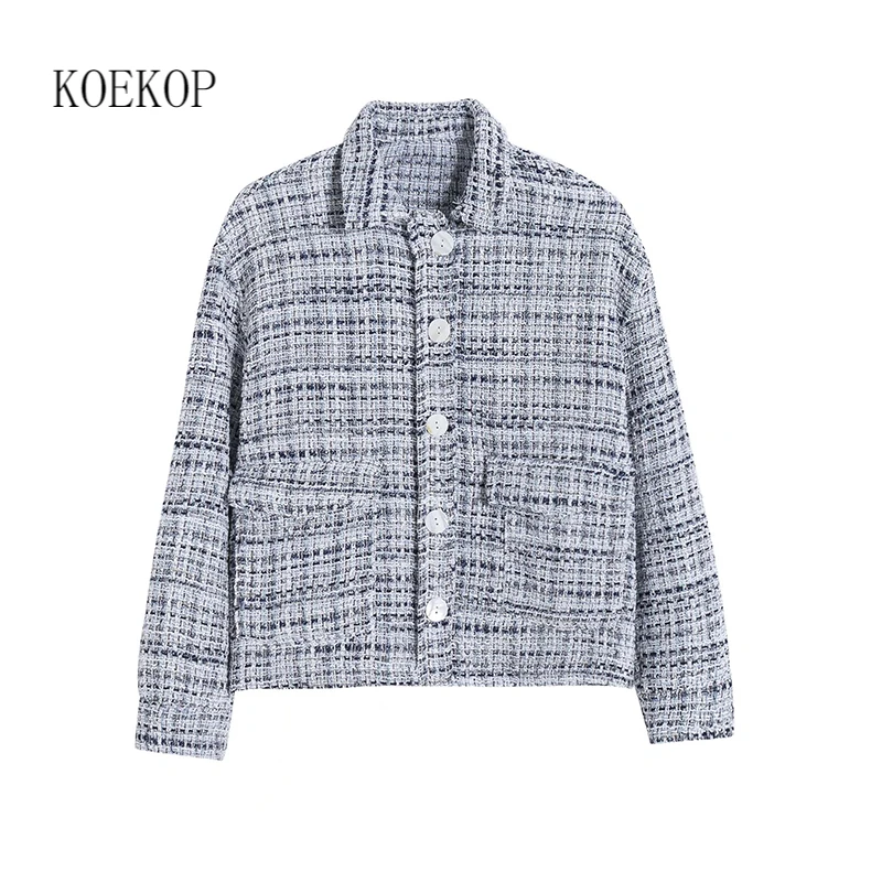 

Koekop Women Fashion With Pockets Single Breasted Texture Jacket Casual Long Sleeves Lapel Neck Female Coat Chic Tops