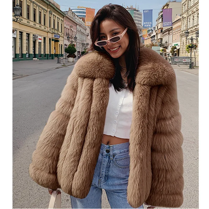 Winter Women Faux Fox Fur Coat Warm Thick Fashion Loose Coat Ladies Faux Fur Jacket Female Fluffy Jacket Oversized Coat Splicing