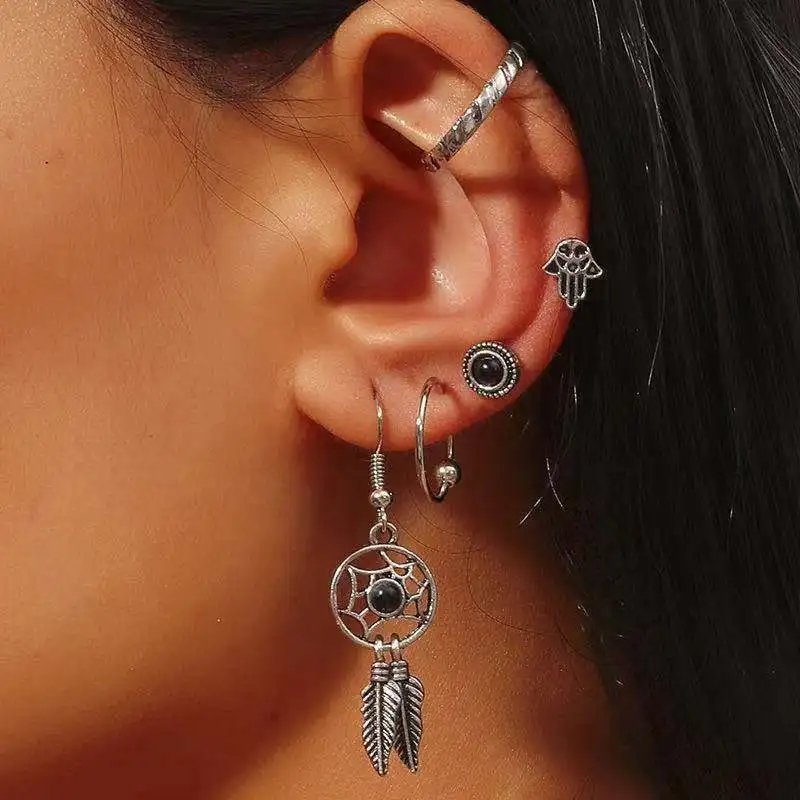 

5pcs/set Retro Ethnic Style Geometric Dreamcatcher Leaves Palm Statement Drop Earrings For Women Ladies Jewelry Earring Set Gift