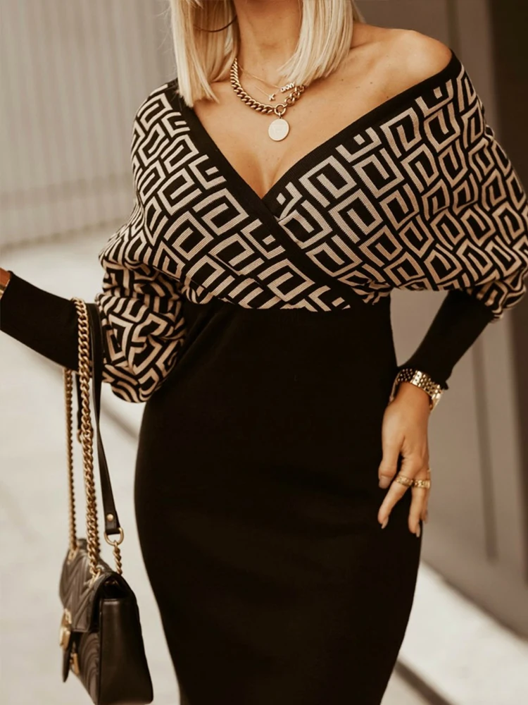 

Женское осеннее платье с V-образным вырезом и рукавом летучая мышь