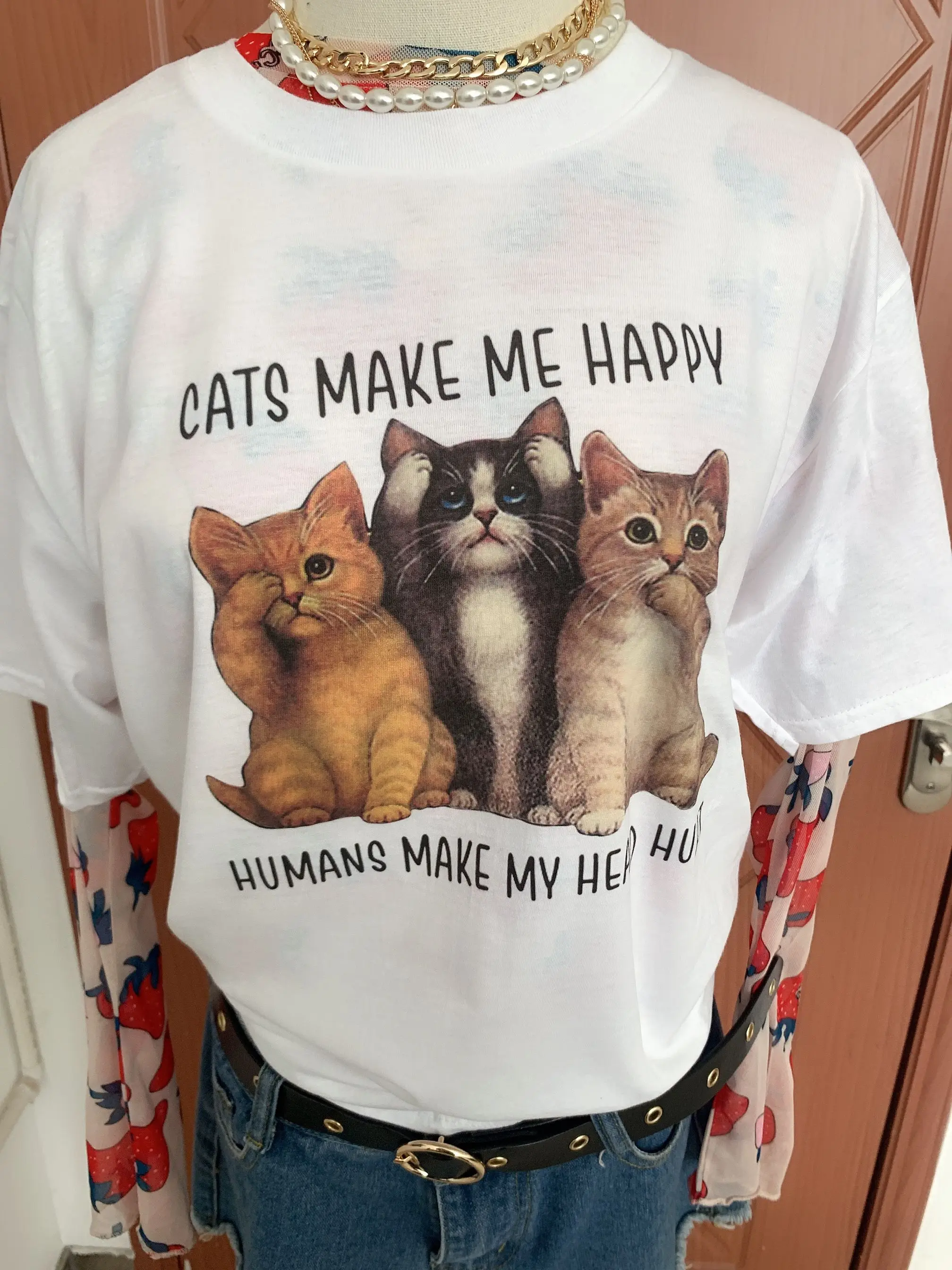 HAHAYULE-JBH кошек Make Me Happy человека My болит голова футболка Для Женщин Милый Забавный