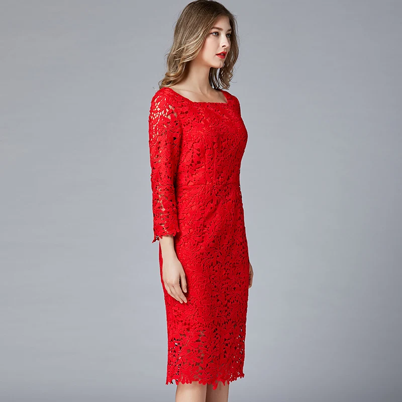 

TAOYIZHUAI office style lady dress red color large size empire waist elegant slim office work o neck female dress 16252