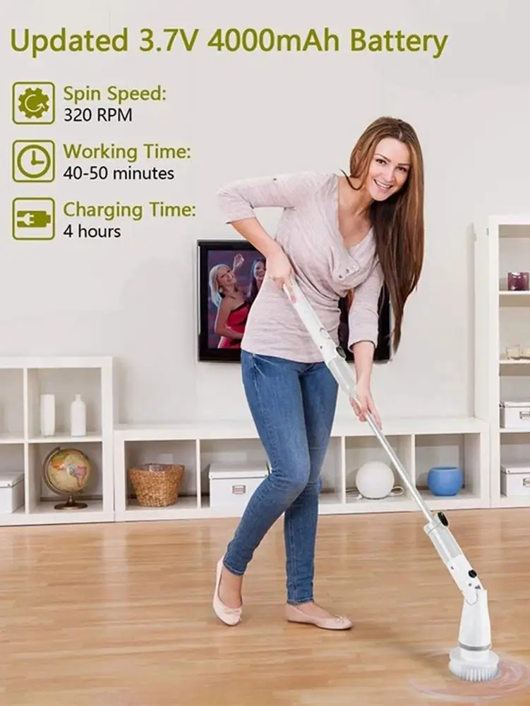 

4000mah Adjustable Home Electric Cleaning Brush Wireless Charge Long Handle Cleaner Scrubber With 4 Multi-Purpose Brush Heads