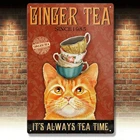 Жестяная винтажная вывеска в виде котенка, имбирный чай, чайное время, кошка, винтажное украшение для бара и клуба, настенное украшение 8x12 дюймов