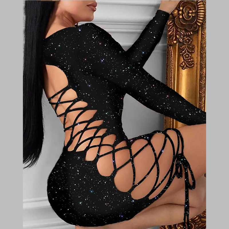 

Women Glitter Lace-Up Dress Long Sleeve Backless Sexy Night Out Club Party Dress Bodycon Stretchy Mini Dresses Vestidos