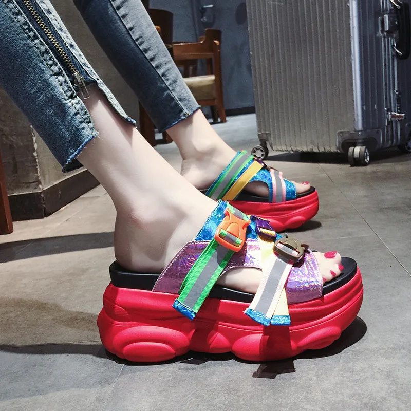 

House Slippers Platform Shoes Women Heels Luxury Slides Pantofle Summer High Designer 2021 Flat PU Basic Fabric Female Shoes Sli