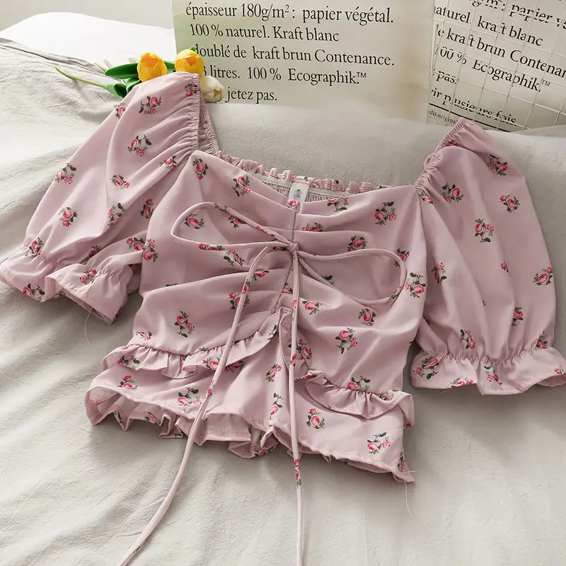 

Sweet Little Flower Square Neck Tie Short Shirt Women's Puff Sleeve Waist Folds Niche Design Off-shoulder Top
