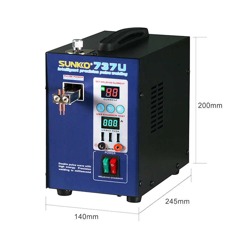 SUNKKO 737U 2.8KW Lithium Battery Spot Welding Machine Intelligent With 3pcs USB Test Port For 18650 Batteries Pack Welding