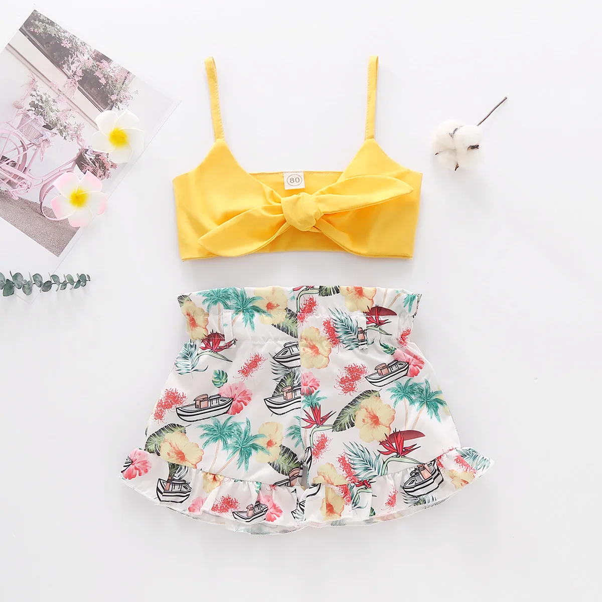 

Summer Kids Baby Girls Clothes Set Bow Crop Tops Button Tops Floral Print Skirt Sweet Girls 2PCS Outfits Set 1-5Y