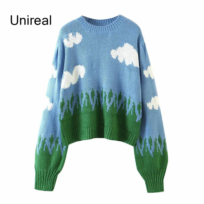 

Unireal 2021 Autumn Winter Women Knitted Sweater Pullovers Loose Long Sleeve Vintage Cute Print Clouds Sky Female Jumpers