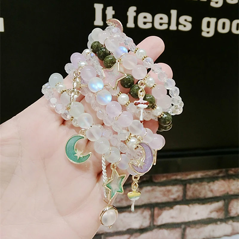 New 2pcs/set Moon Star Pink/Green/Purple Crystal Bracelets Set Korean Summer Fashion Bracelet for Women Girls Jewelry YBR310 - купить по