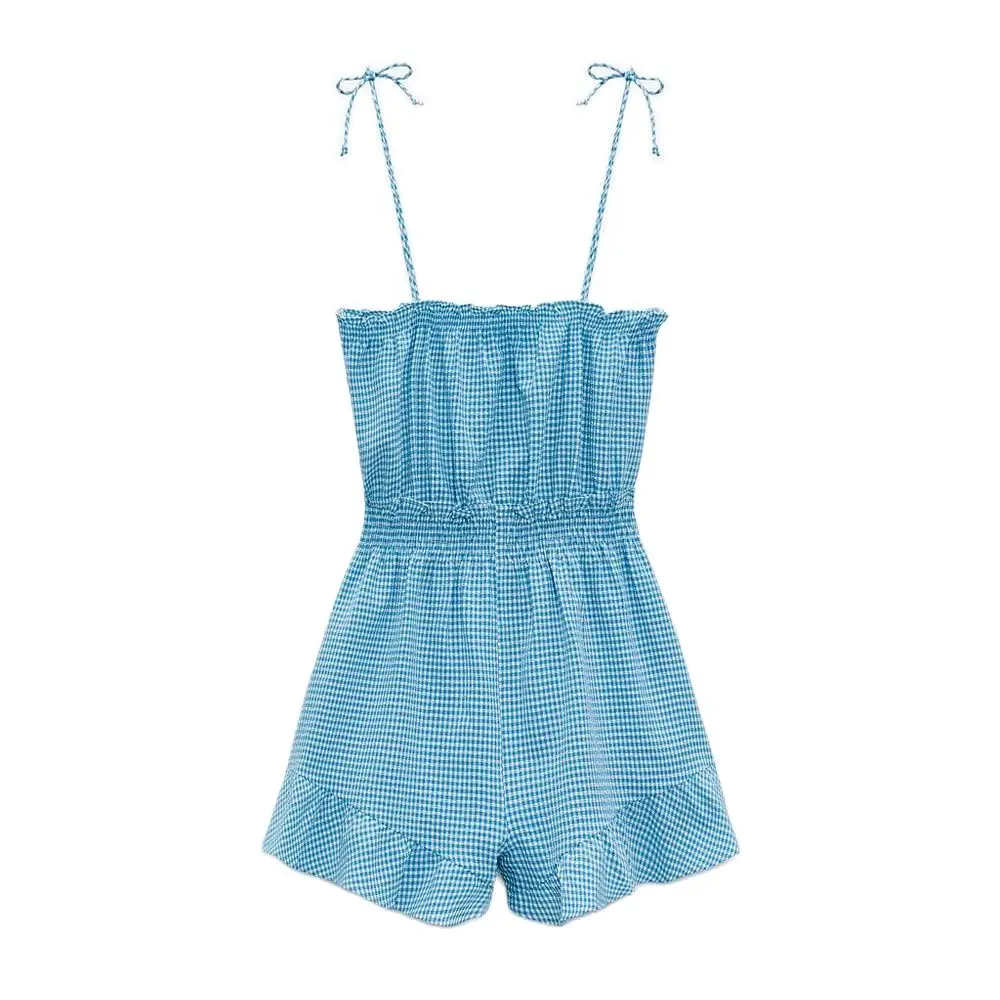 

DiYiG WOMAN 2021 summer new women's clothing sweet blue plaid elastic waist sling casual one-piece shorts