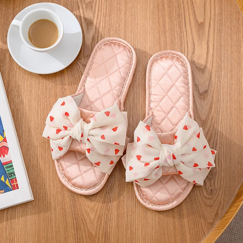 New Home Comfortable Linen Slippers Breathable Indoor Fabric Slippers Silk Big Bow Slippers