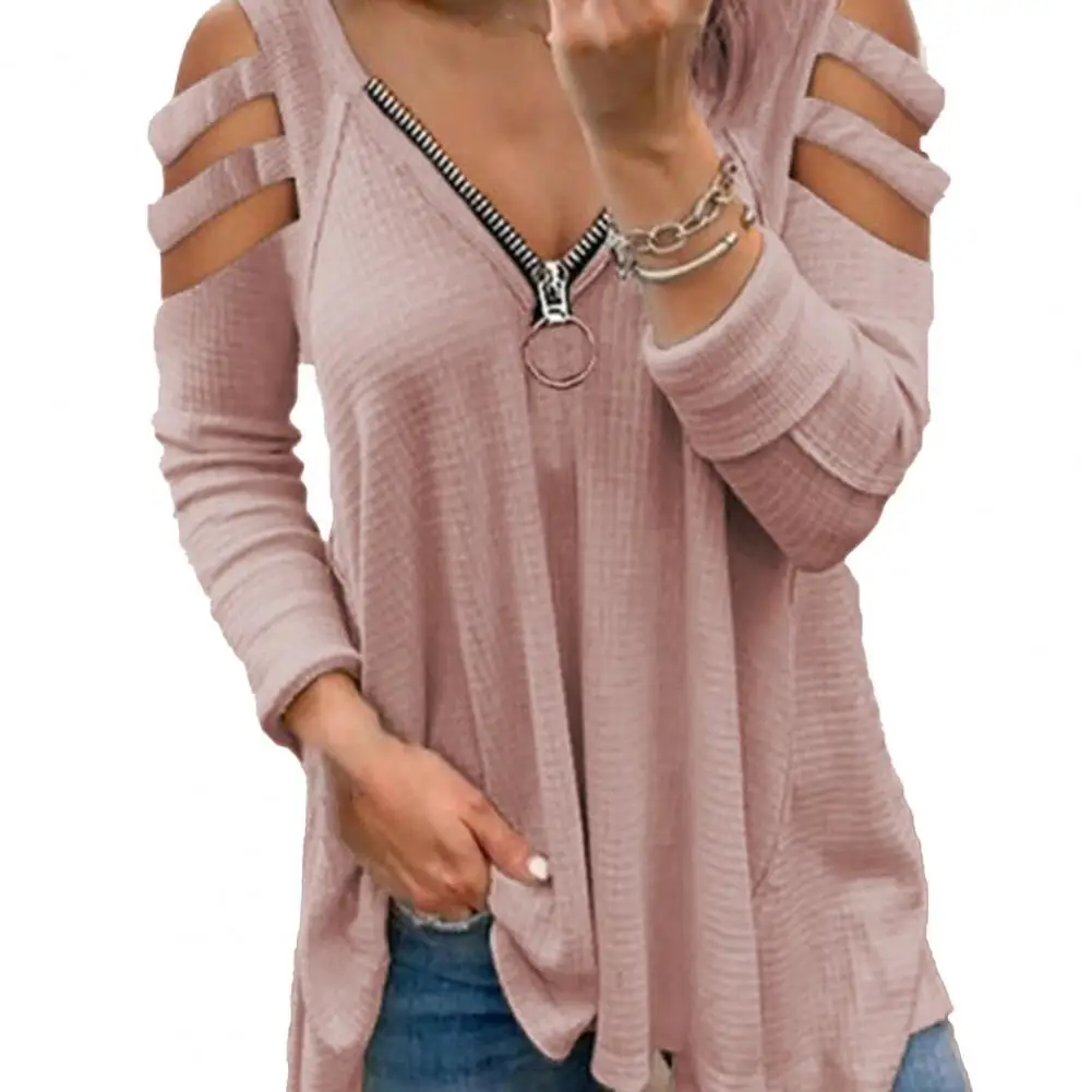 

50%HOT Blouse Long Sleeve Loose Cotton Blend Women Hollow Out Cold Shoulder T-shirt Top for Spring