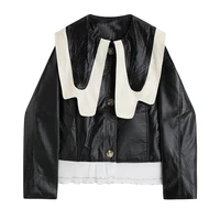 2022 women autumn new faux leather jacket short coat ruffle edge long sleeve single breasted french vintage loose female jacket