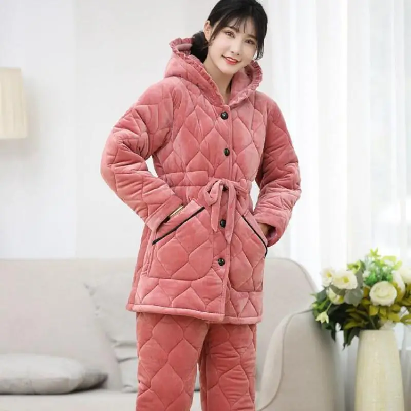 Women Autumn Winter New Thick Flannel Pajamas Set Coral Velvet Three Layers Cotton Warm Female Home Clothes Loose Casual Suit