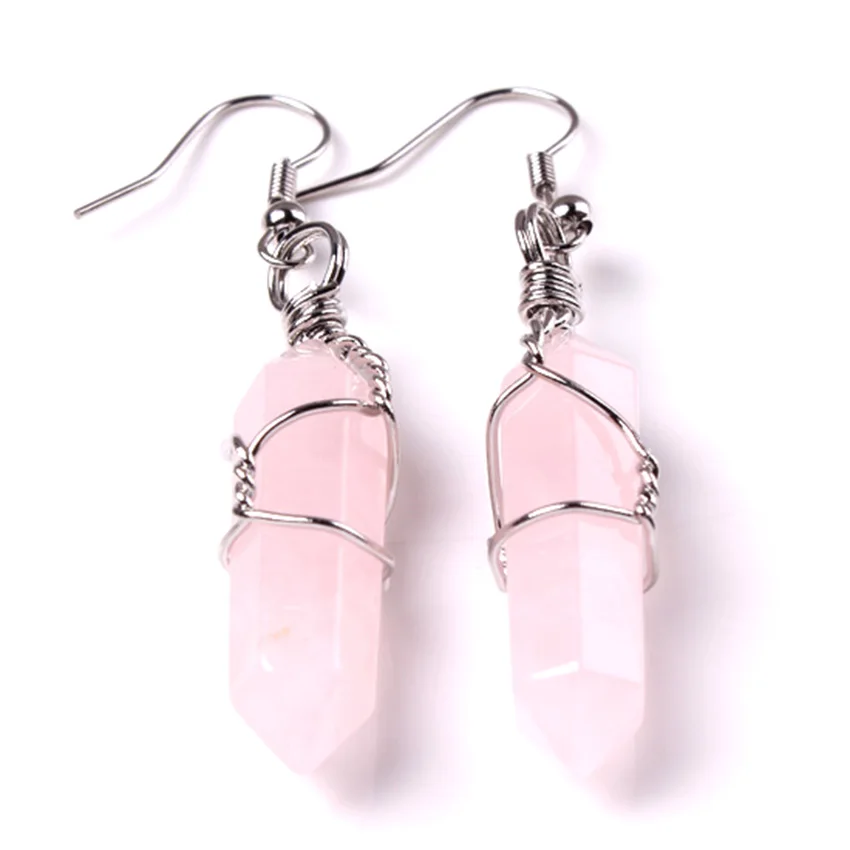 KFT оптовая продажа посеребренные серьги натуральный розовый кварцевый кристалл