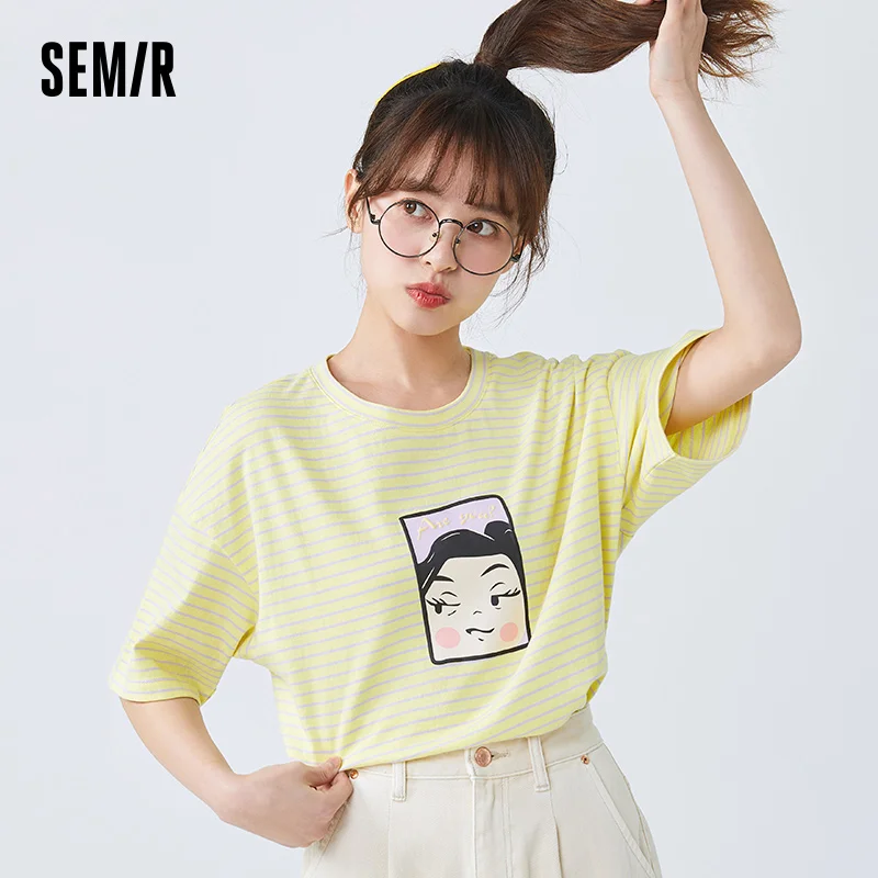 

SEMIR Stripe Short Sleeve T-Shirts Women 2021 Half-Sleeved Summer Fashion Loose T Shirt Women Pure Cotton Beach Women'S Tee