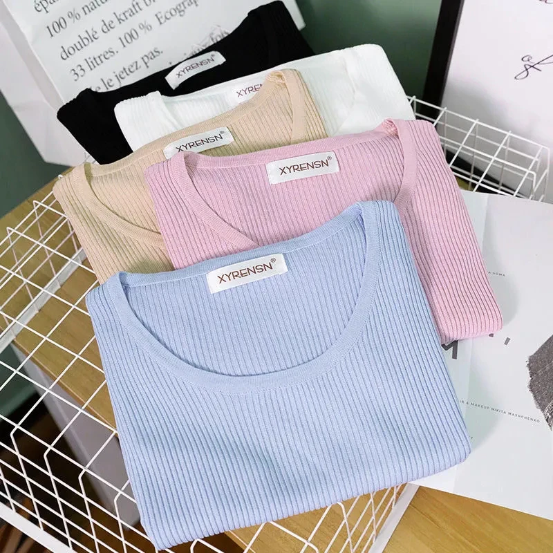 

Casual O-Neck Knitwear T-Shirt High Quality Ice Silk Short Sleeve Knitted Tops For Women Summer Solid Korean Stretch Base Shirt