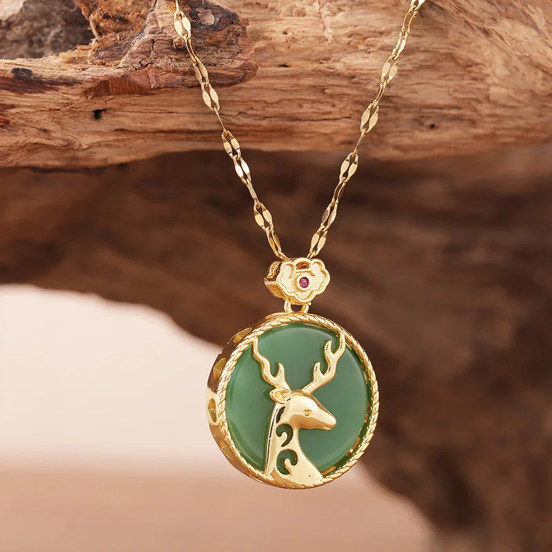 

Chinese Natural Jade Green Hand-carved Sika Deer Pendant Fashion Boutique Jewelry All The Way To Have You Necklace Popular Gift