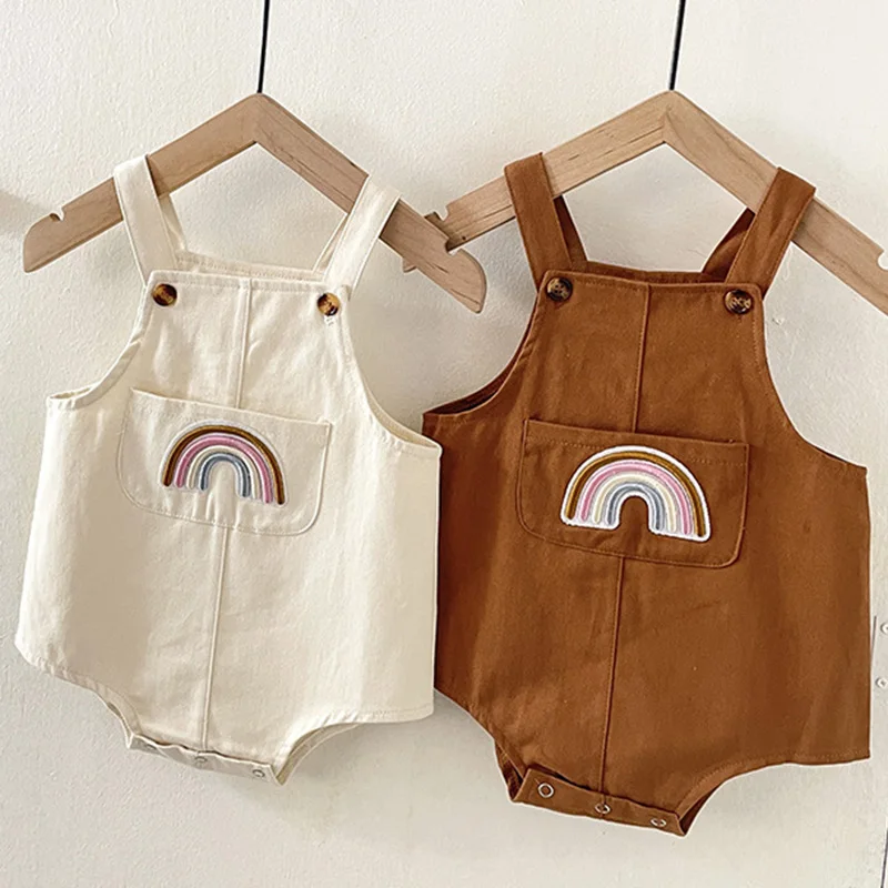 

2021 New Spring Autumn Overalls Jumpsuit Romper Baby Girl Clothes Rainbow Pattern Embroidery Clothes For Newborns Boy