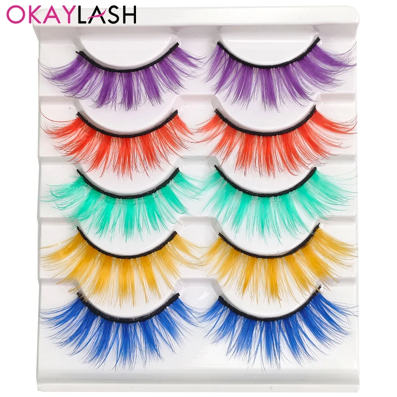 Набор радужных ресниц OKAYLASH 5 пар разных цветов красные синие коричневые зеленые