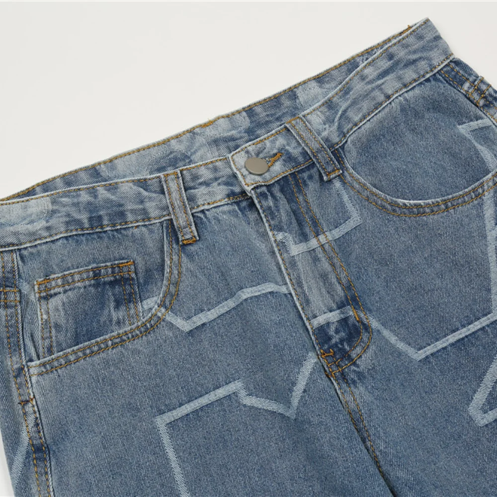 2021 New Arrival Geometry Graphic Blue Vintage Men Baggy Jeans Trousers Hip Hop Straight Casual Loose Denim Pants Pantaloni Uomo