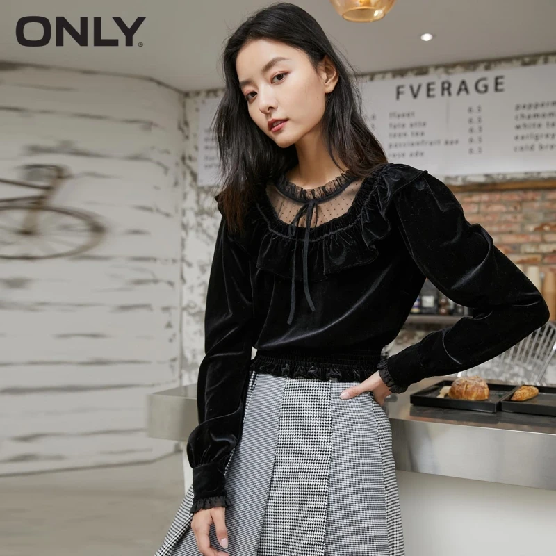 

ONLY summer new style velvet stitching long-sleeved ruffled short shirt women | 120451035
