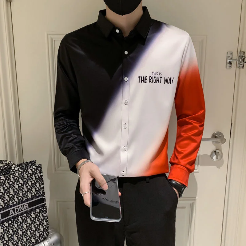 

2021 Contrast Shirt Men Long Sleeve Streetwear Camisa Masculina Korean Casual Slim Fit Mens Dress Shirts Formal Social Blouse