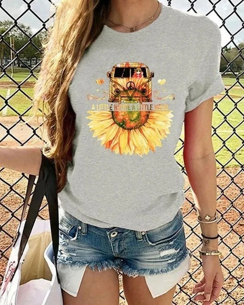 

Sunflower Car Print T Shirt Women Short Sleeve O Neck Loose Tshirt Summer Women Tee Shirt Tops Camisetas Mujer