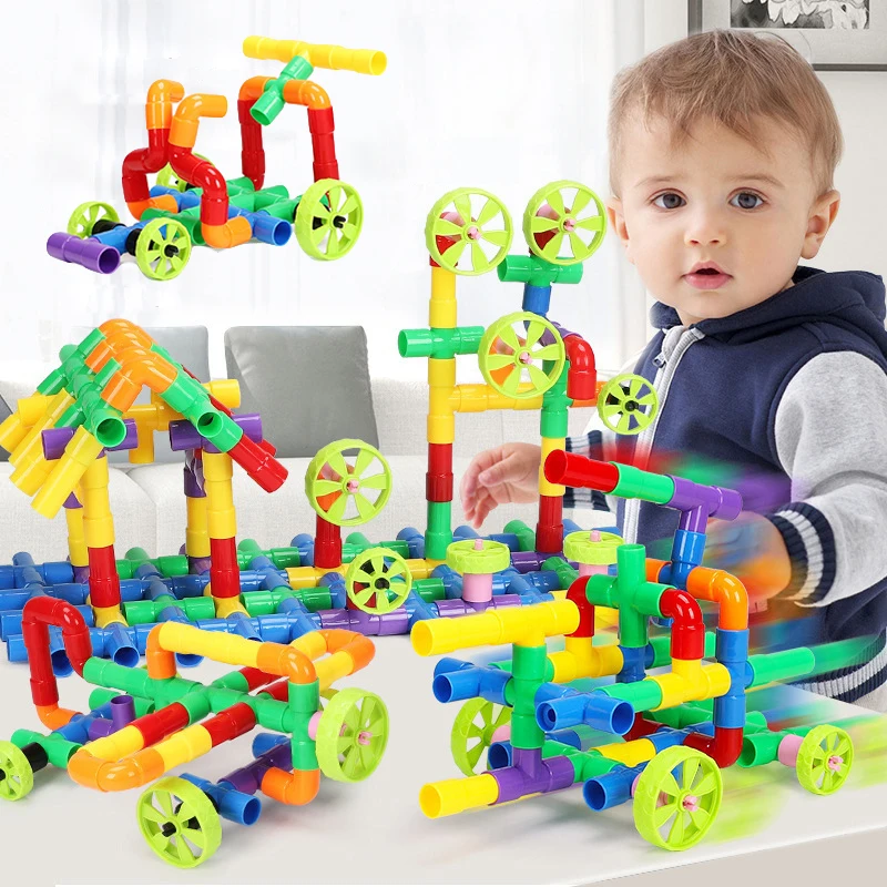 

Tube Block Toy Pipeline Tunnel Car Wheels DIY Blocks Creative STEM Bricks Educational Kit Pipe Block Training Toys For Children