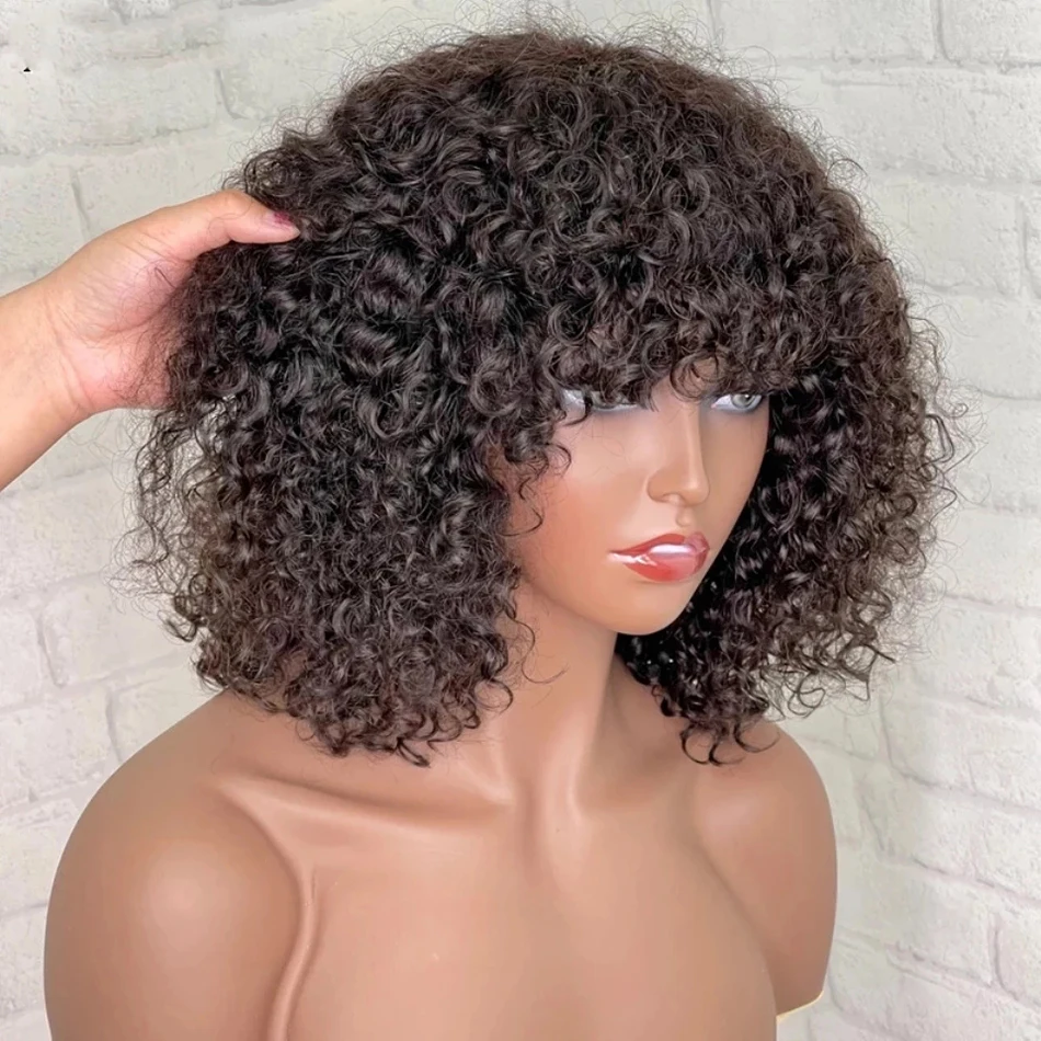 

Fringe Water Wave Deep Curly Human Hair Machine Made Full Wigs for Black Women Bob Human Hair Wigs
