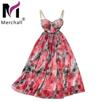 merchall runway fashion floral a line dress 2022 summer sexy spaghetti strap red flower print elegant long beach dresses m7378