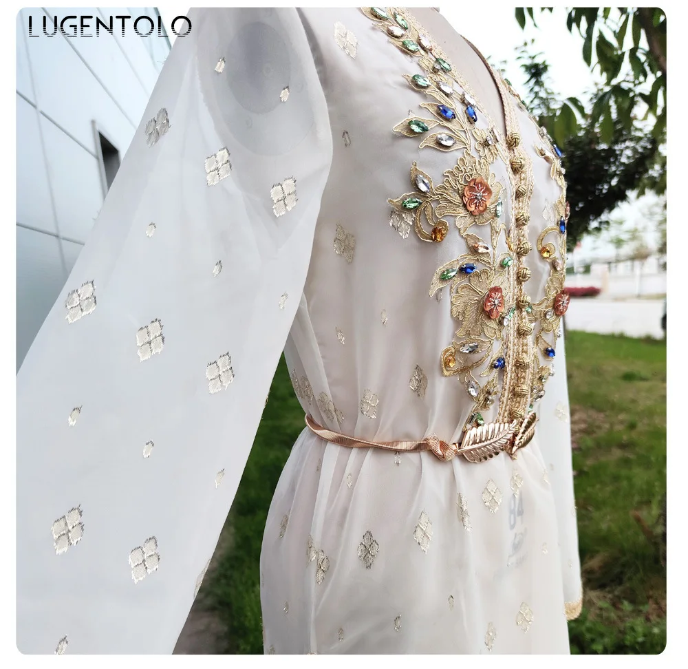 

Lugentolo Party Dinner Women Elegant Dress Luxury Handmade Rhinestone Dress Fashion Muslim Embroidery Gold Print Lady Maxi Dress