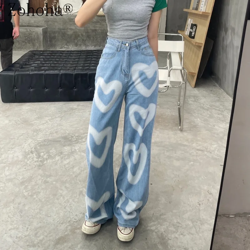 

Zohoha 2021 Fashion Women Jeans Love Inkjet Straight Leg Jeans High Waist Loose Women Denim Trousers