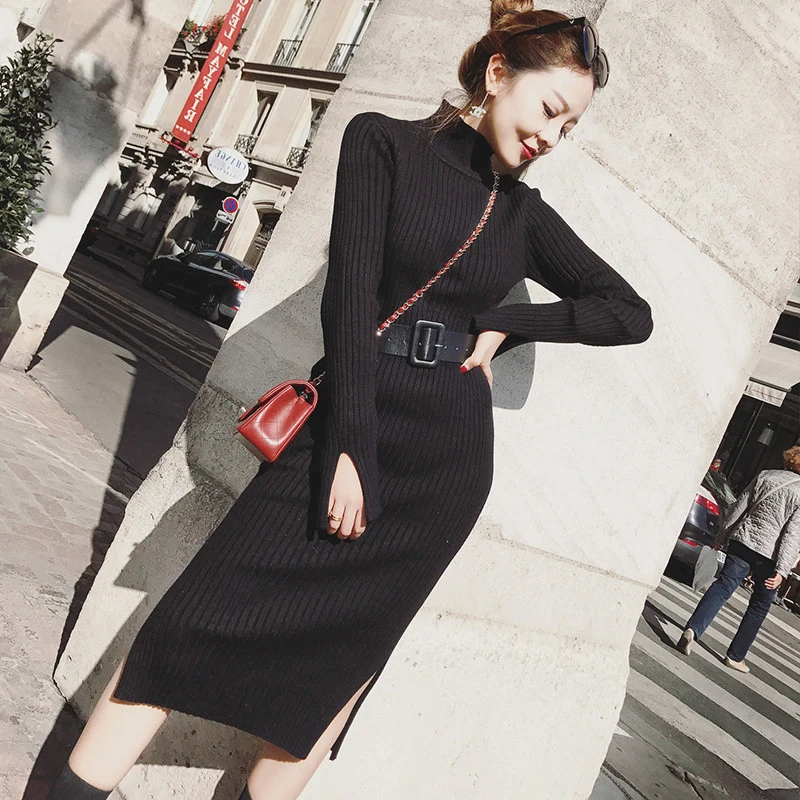 

QRWR 2020 Autumn Winter Knitted Turtleneck Midi Dress Women Casual Long Sleeve With Sash Dresses Slim Fit Basic Women Dress