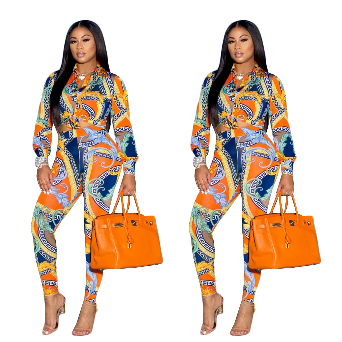 

Женская однобортная блузка в стиле ретро с длинными рукавами и отложным воротником, эластичный повседневный костюм из 2 предметов с принтом...