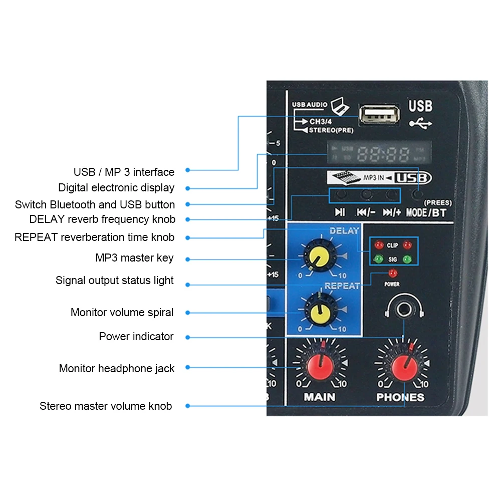 

A4 Sound Mixing Console Bluetooth USB Record Computer Playback 48V Phantom Power Delay Repaeat Effect 4 Channels USB Audio Mixer