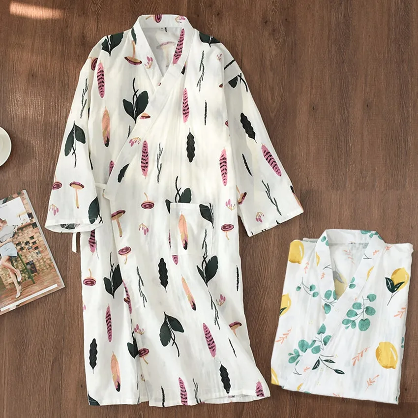 

Japanese Woman Pajamas New Summer Fresh Leaf Kimono Robes Korean Female Gauze Cotton Thin Casual Nightgowns Floral Bathrobes