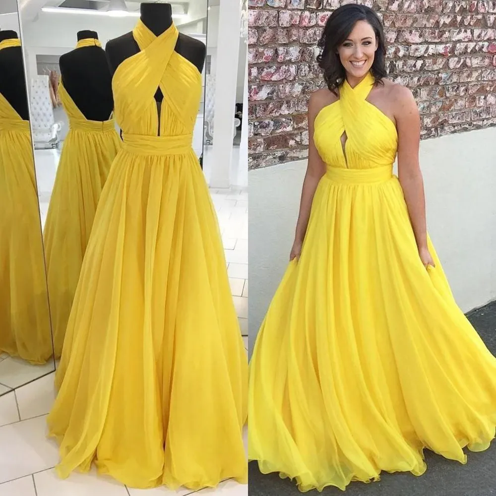 

Bridesmaid Dresses Yellow Chiffon for Junior Party Guest Gown Maid of Honor Halter Backless robe de soirée de mariage лая