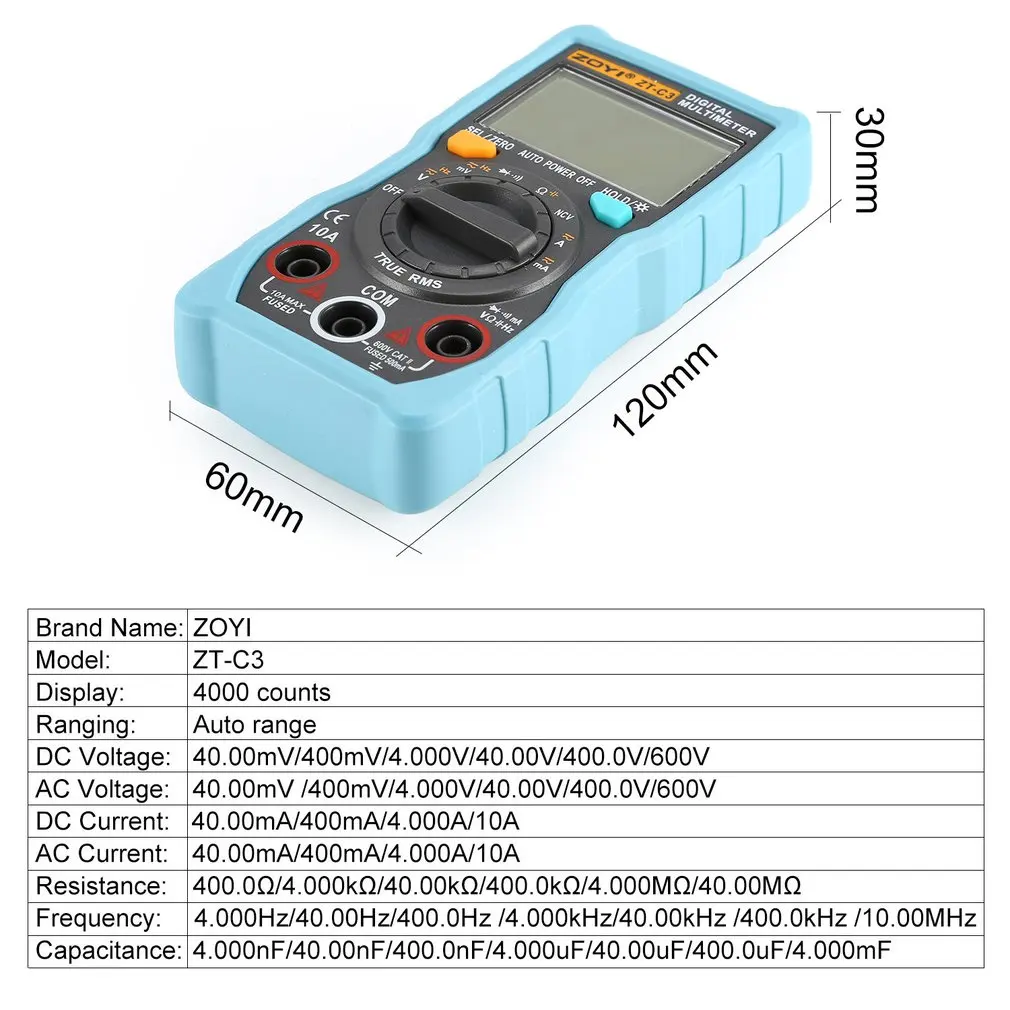 

ZOYI ZT-C3 NCV Digital LCD Multimeter AC/DC Voltmeter Ammeter Auto Range Diode Resistence Frequency Capacitance Tester