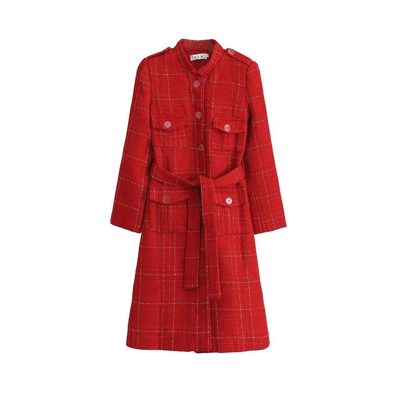 Женское шерстяное пальто с поясом длинное однобортное в стиле милитари твидовая