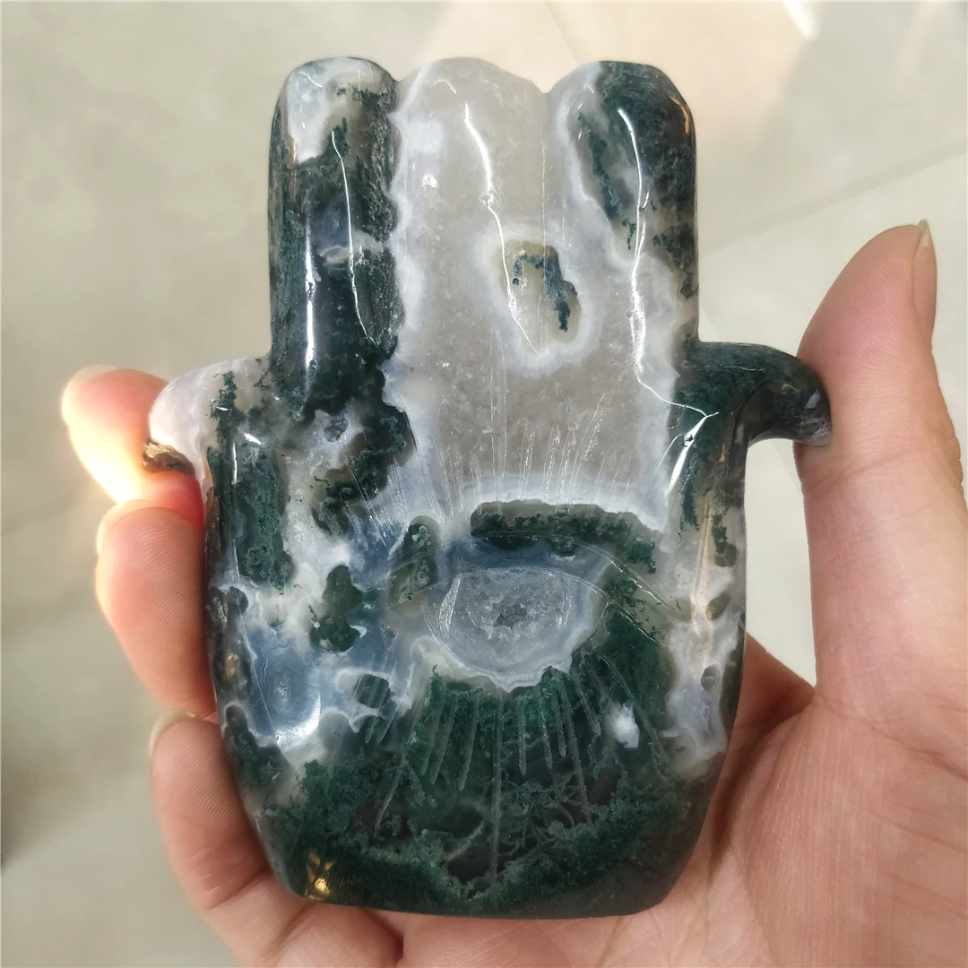 

Natural Tree Crystal Moss Agate Mineral Rocks Carved Palm Of The Hand Angel Eye Figurine Craft Reiki Ornaments Room Decor Modern