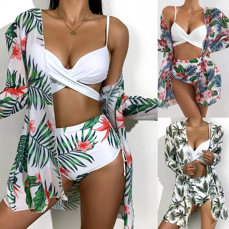 

Womens Sexy 3pcs Bikini Set Cross Push Up Swimsuit with Beach Cover Up Cardigan Side Tie High Waist Leaves Bathing Suit